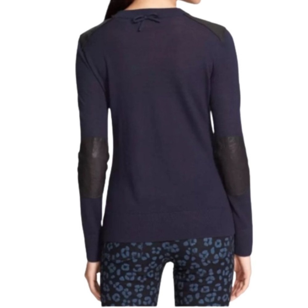 Kate Spade Genni Wool Sweater Navy Leather Trim Elbow Patch Bow Detail Size S